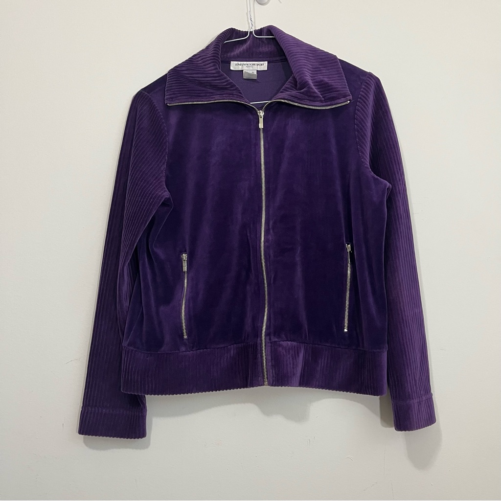 Vtg Jones New York Deep Purple Track Jacket Velour Velvet P Large Preppy Y2k